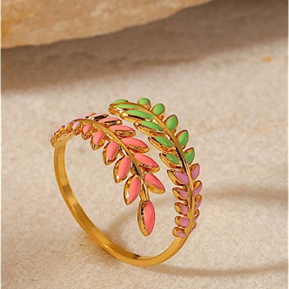 Gold Plated Leaf Design Multicolor Bangle Bracelet Ring Set - Picture 5 of 15